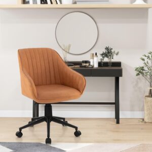 Giantex Leather Office Chair Brown, Mid Century Desk Chair with Wheels and Ergonomic Armrests, Adjustable Swivel Rolling Task Chair, Upholstered Leisure Arm Chair for Home Office Study Bedroom (1)