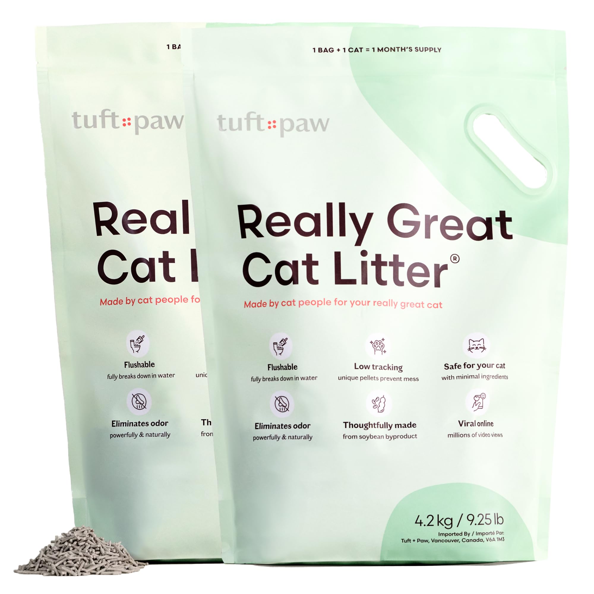 Tuft + Paw Really Great Cat Litter, Extra Large Bags, Low Tracking Tofu Cat Litter, Clumping, Flushable, Odor Control, Dust-Free, Unscented - 9.25lbs x 2Bags