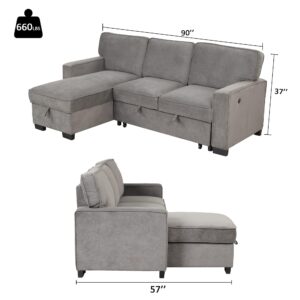 EBELLO Convertible Sleeper Sofa 3 in 1, Chenille Modern L-Shaped Couches for Living Room, Pull Out Sectional Futon Sofa Bed with Storage Space, USB Ports and Cup Holders for Bedroom, Grey