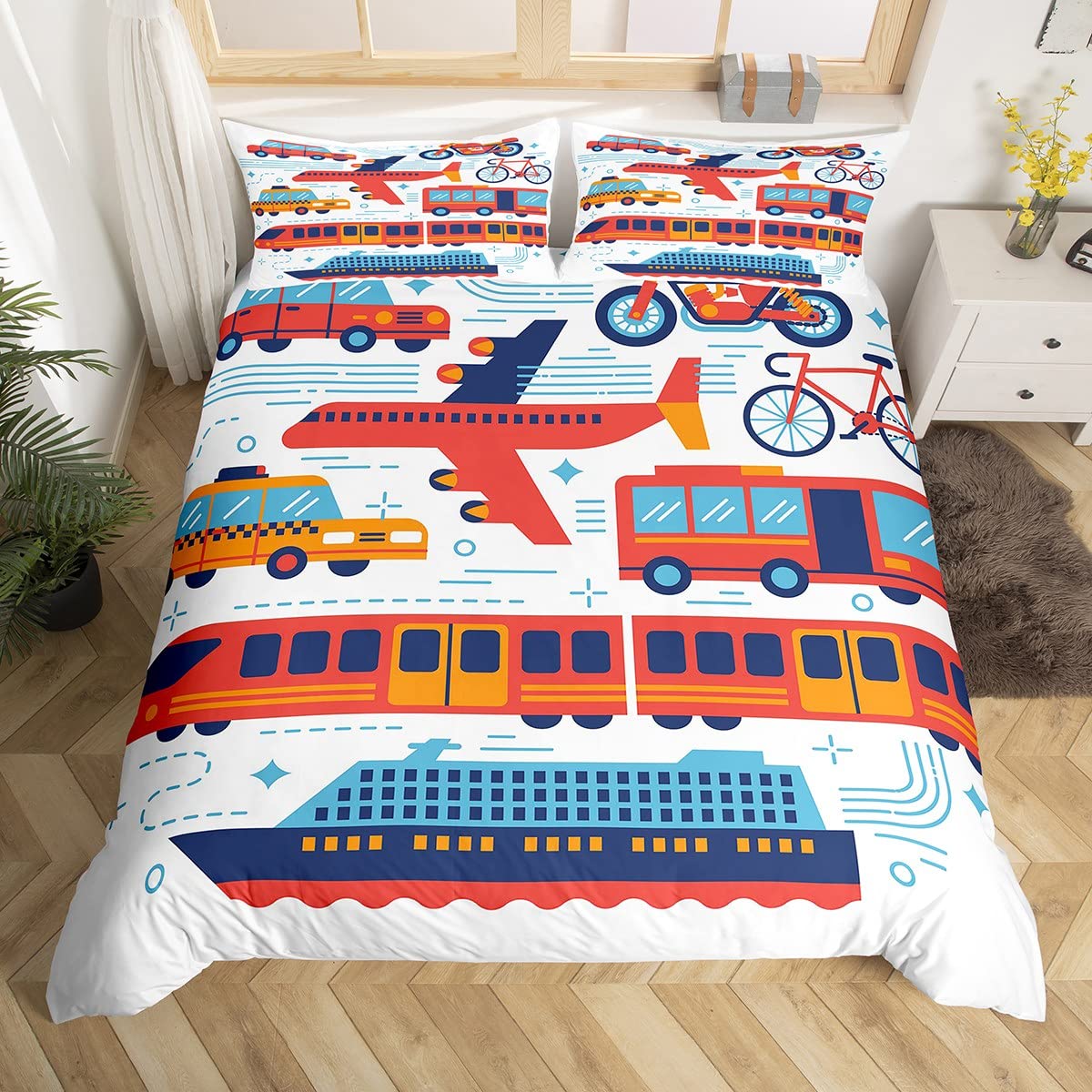 Erosebridal Plane Duvet Cover Queen, Bike Autocycle Comforter Cover, Cute Train Car Kawaii Bedding Set, Blue Ocean Ship Quilt Cover, Cartoon Hand Drawn Girls Bedroom Decor