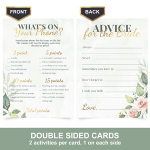 Bridal Shower Games + Advice Cards - For 30 Guests - 4 Activities on Double Sided Cards Includes 3 Games + 1 Advice Card - Greenery Floral Wedding Shower Games With Gold Metallic Details. Set of 4