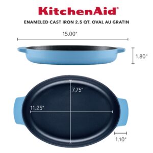 KitchenAid Enameled Cast Iron Au Gratin Oval Roasting Pan, 2.5 Quart, Blue Velvet