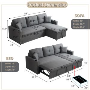 Payeel L Shape Sleeper Sectional Sofa with Storage Chaise Lounge, 83" Pull Out Convertible Sofa Bed with Cup Holder, 3 in 1 Sofa Sleeper Couch for Living Room, Apartment