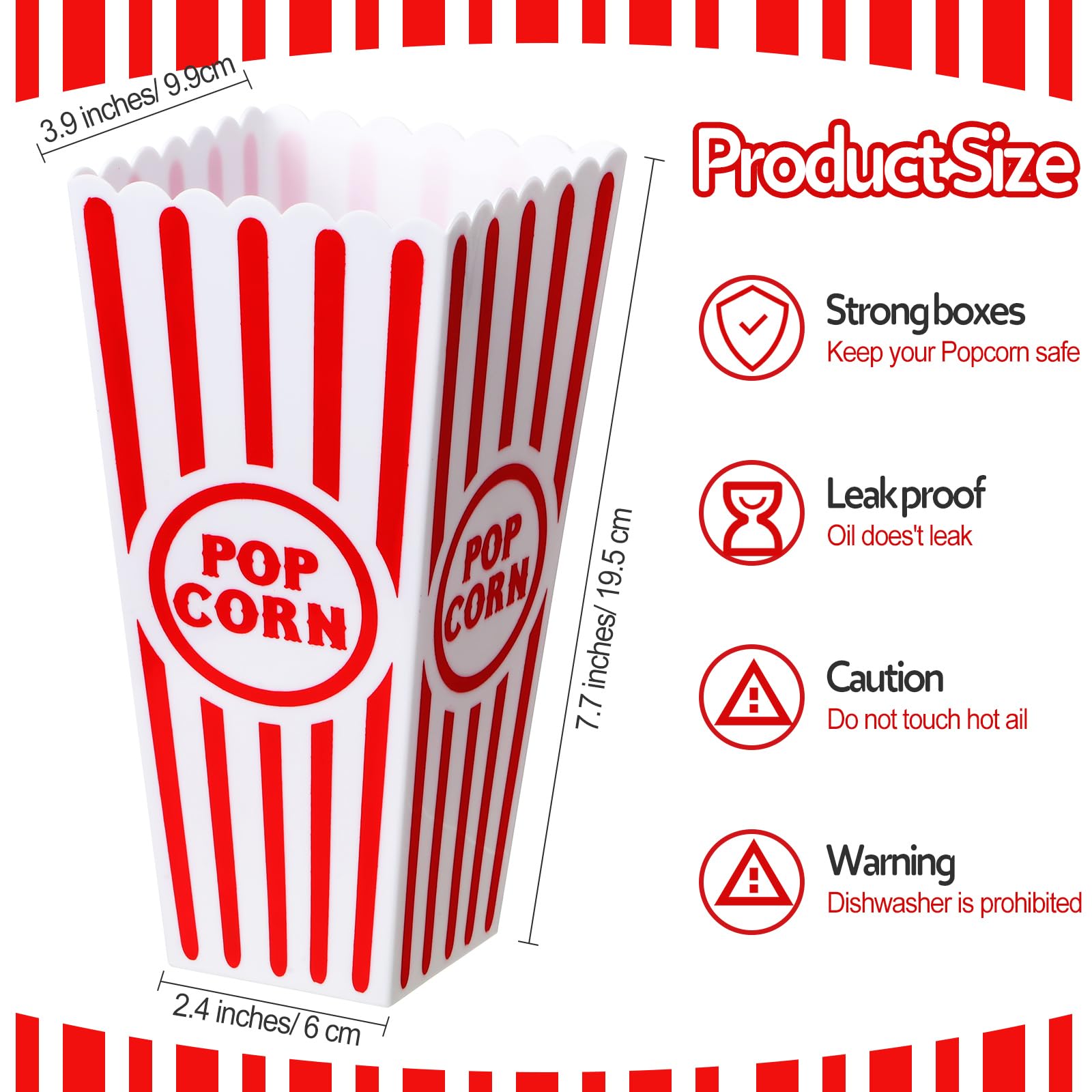 Plastic Popcorn Boxes Reusable Open Top Popcorn Containers Red and White Striped Popcorn Buckets Bulk for Movie Night, Classic Retro Style, 7.7 x 3.9 x 2.4 Inch (50 Pcs)