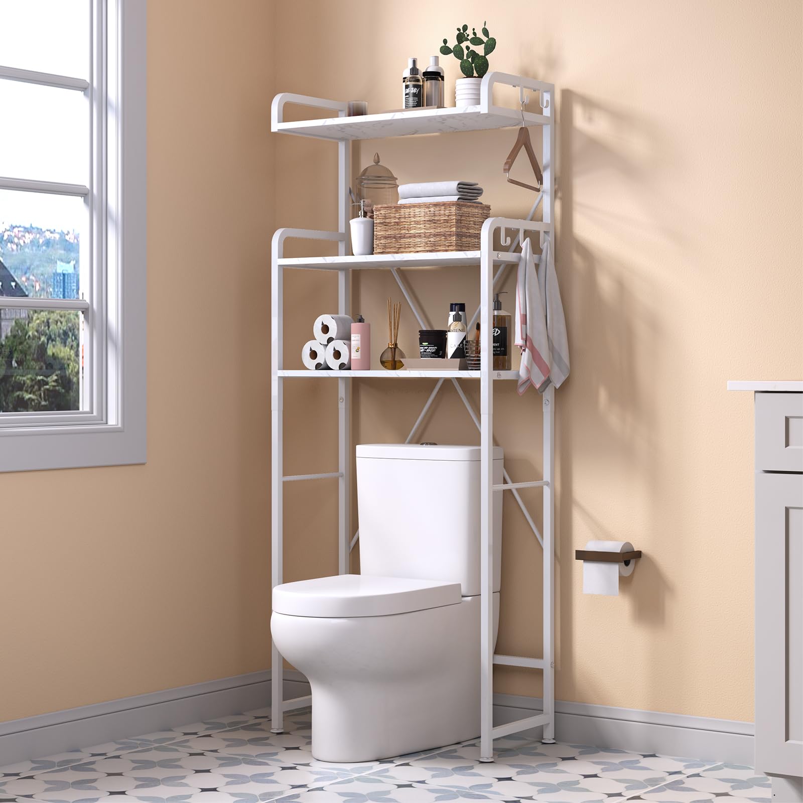 Huhote Over The Toilet Storage Rack with 3-Tier Bathroom Shelves, Space Saver Toilet Shelf, Bathroom Storage Organizer with Hooks for Over Toilet Storage and Bathroom Shelf (White Faux Marble)