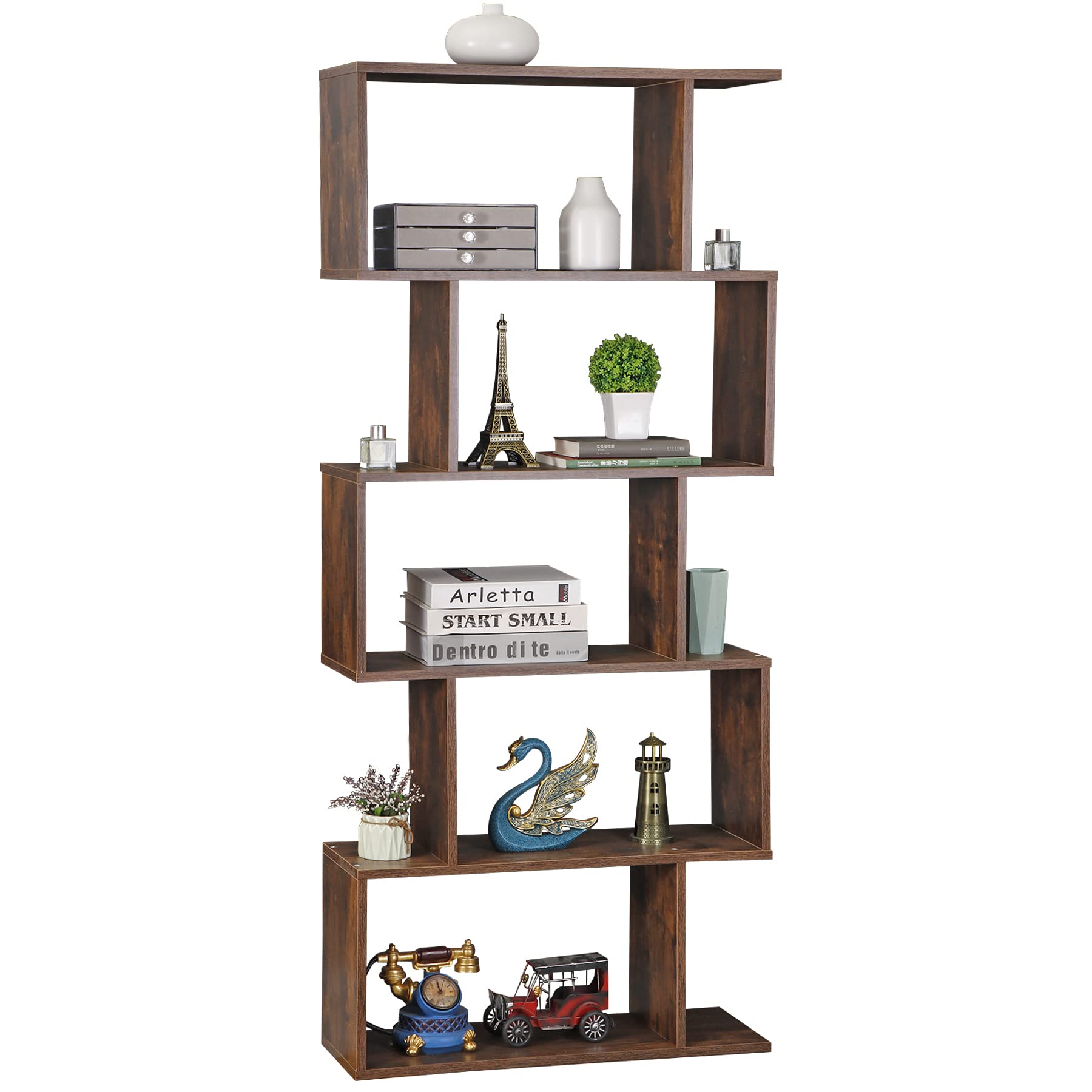 SUPER DEAL Wood Bookcase, 5-Tier Bookshelf Geometric S-Shaped Shelf with Anti Tipping Device, Narrow Storage Rack and Room Divider for Bedroom Living Room Home Office, 62 Inch Tall Rustic Brown