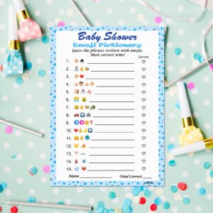 Baby Shower Emoji Pictionary Game, Blue for Boy, Baby Shower and Sprinkle Party Ideas, Play Pack of 30 Cards 5”x7”. Made in USA