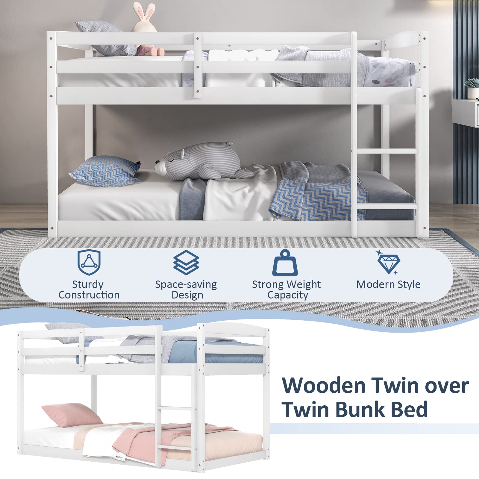 Giantex Twin Low Bunk Bed, Solid Wood Twin Over Twin Bunk Bed Frame with Full Guardrails & Integrated Ladder, Floor Twin Bunk Beds for Kids Boys and Girls, No Box Spring Needed, White