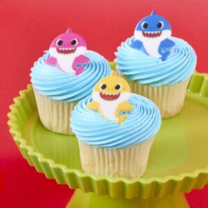 DecoPac Pinkfong Baby Shark 24 Cake Toppers - Blue, Pink, Yellow Cupcake Decorations for Birthday Celebrations