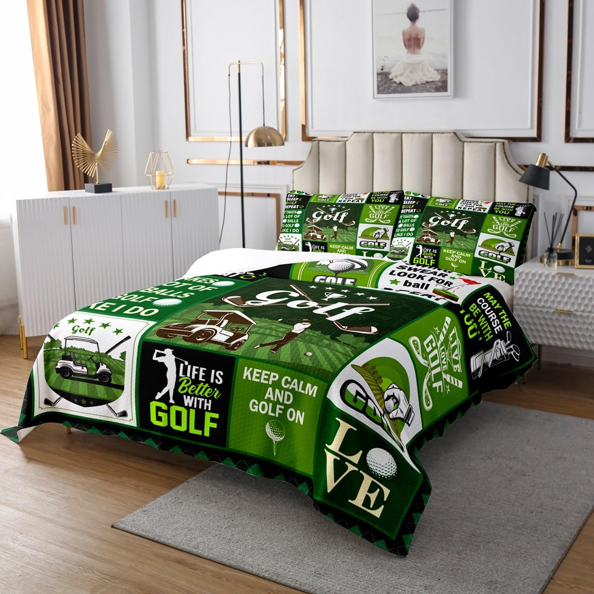 Homewish Golf Bedspread Set Queen Size for Kids,Boys Girls Sports Gaming Quilt Set Green Grass Bedspread Coverlet Modern Ball Bedspread 3 Piece Decorative Bedding Quilted with 2 Pillow Shams