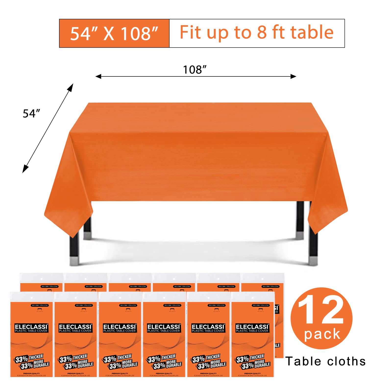 Eleclassi Orange 12 Pack Premium Plastic Table Cloth Disposable Tablecloth 54 x 108 Inch - Plastic Tablecloths for Rectangle Tables Up to 8 Feet - Halloween Tablecloth Plastic