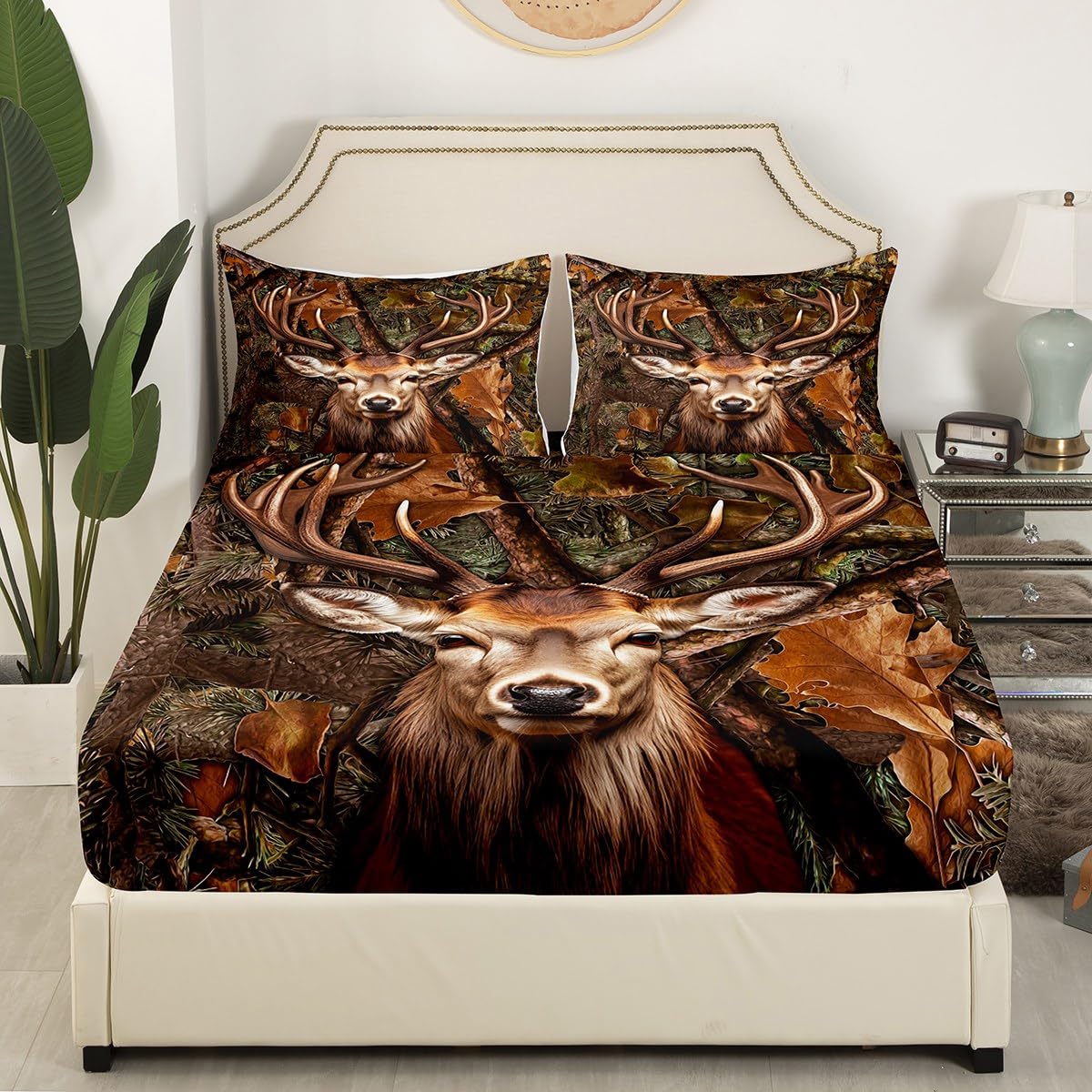 Camo Deer Kids Sheet Full Size,Dead Branches Wild Animals Hunting Bedding Set,Boys Girls Adults Room Decor,Rustic Farmhouse Camouflage Brown Retro Bed Sheet Set 4pcs(Fitted + Flat + 2 Pillowcases)