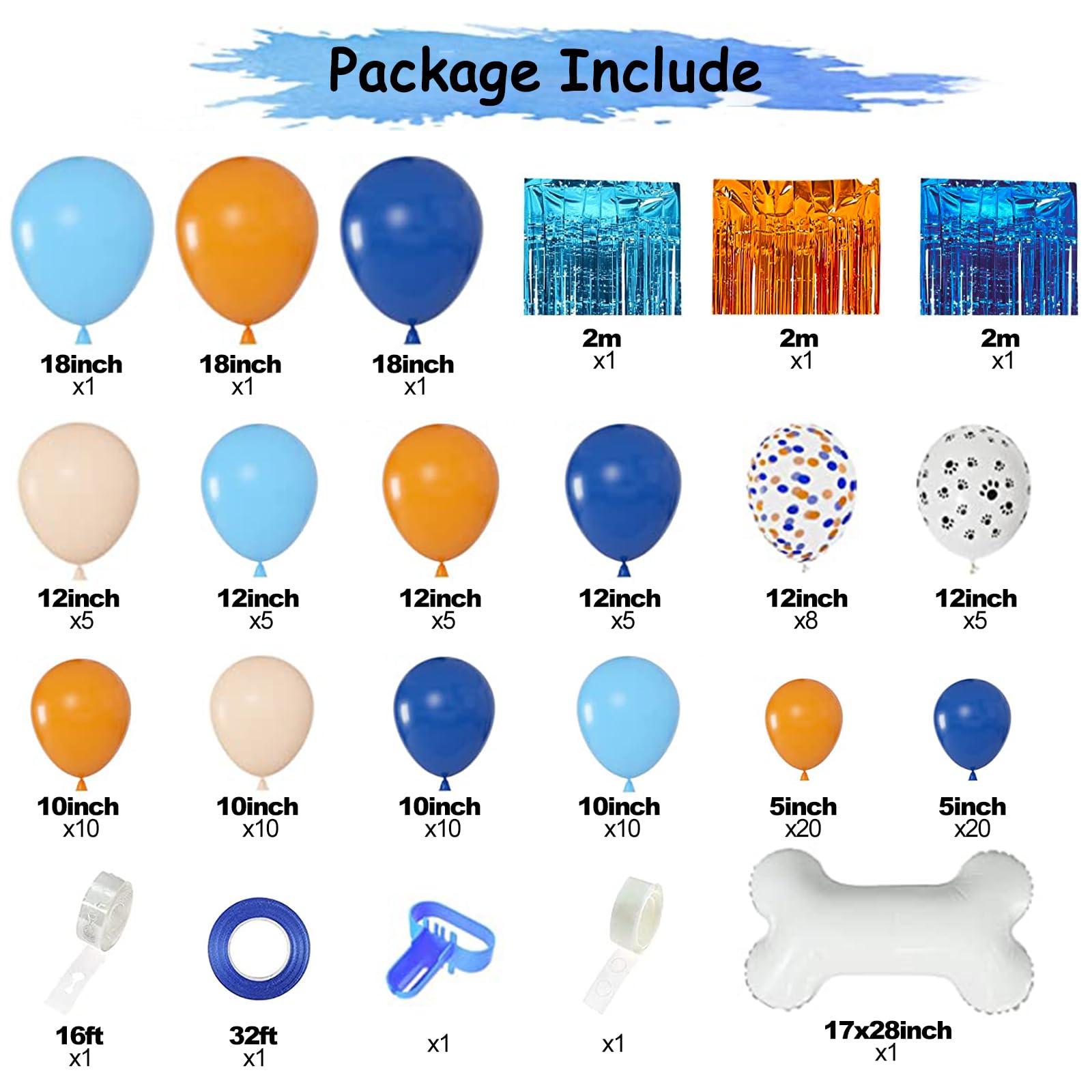 Whaline 124Pcs Blue Birthday Party Balloon Garland Arch Kit Blue Orange Dog Paw Bone Foil Balloons Fringe Curtains Party Decor for Boys Girls Baby Shower Blue Theme Birthday Party Decorations