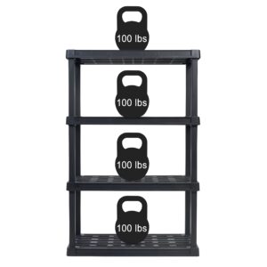 IRIS USA 4-Tier Shelving Unit, 36" W x 18" D x 56" H, 1 Pack, Black + IRIS USA 40 Qt. Plastic Storage Container Bin with Secure Lid and Latching Buckles, 4 Pack, Black, Bundle