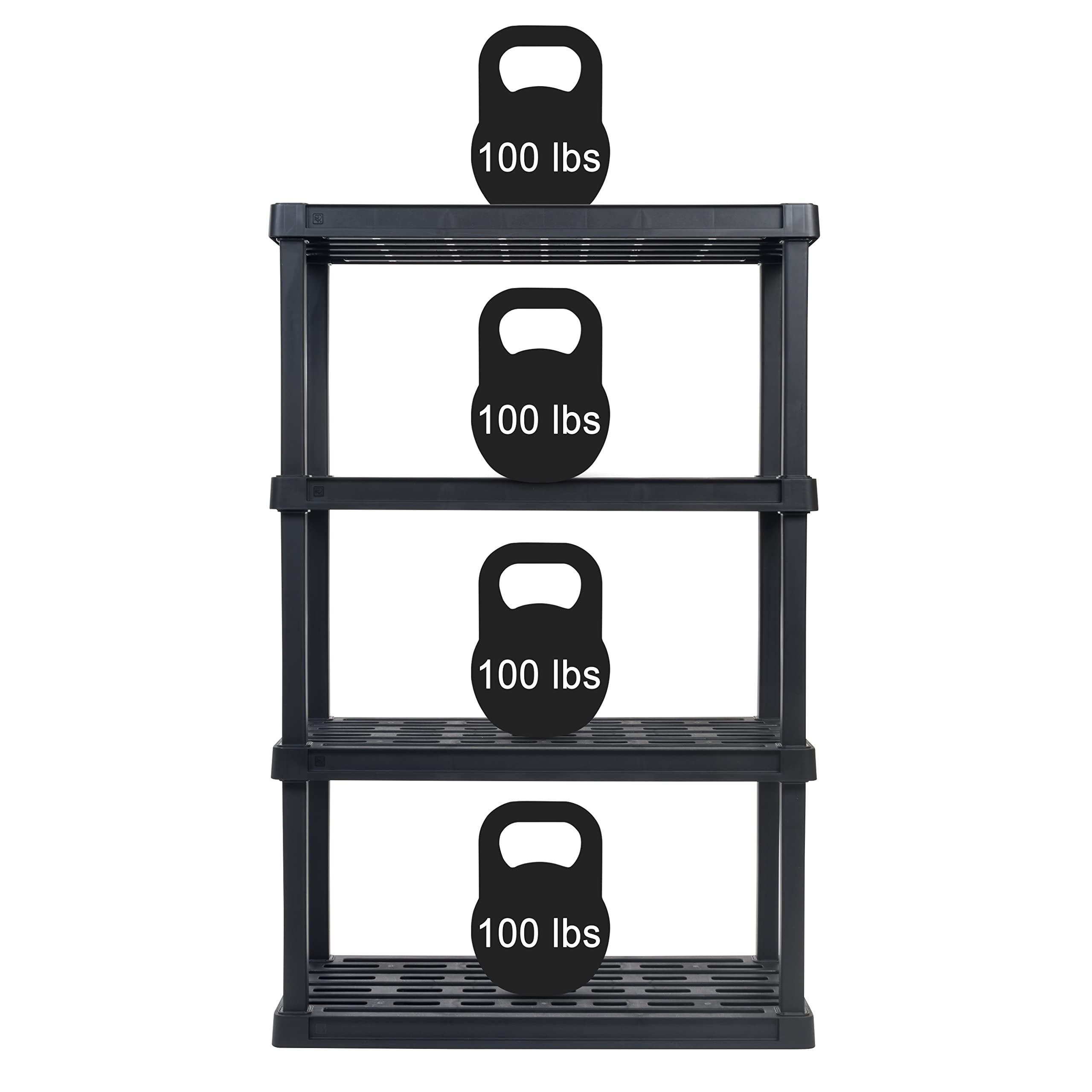 IRIS USA 4-Tier Shelving Unit, 36" W x 18" D x 56" H, 1 Pack, Black + IRIS USA 40 Qt. Plastic Storage Container Bin with Secure Lid and Latching Buckles, 4 Pack, Black, Bundle