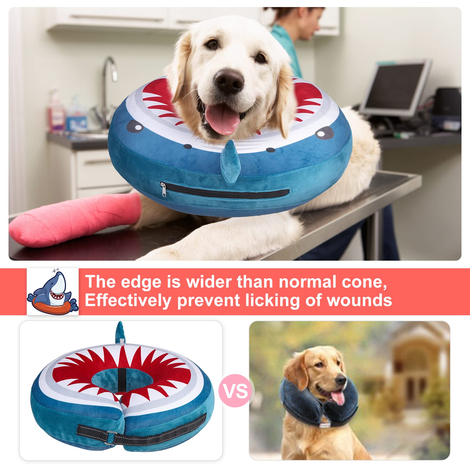 BEAUTYZOO Dog Cone Alternative After Surgery for Large Medium Small Dogs, Soft Inflatable Cone Collar for Dogs Cats, Dog Neck Donut E Collar Dog Recovery Collar to Stop Licking, Shark Blue, XL