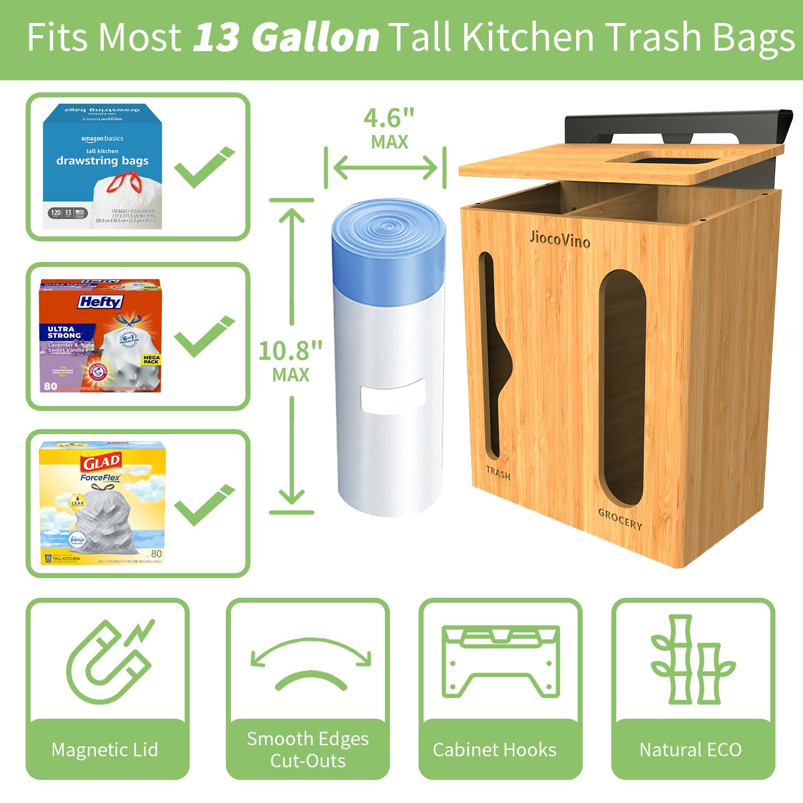 JiocoVino Grocery Bag Holder & Trash Bag Dispenser, Bamboo 2 in 1 Plastic Bag Holder for Grocery Bags and Garbage Bags, Kitchen Under the Sink Organizers and Storage, Fits 13 Gallon Trash Bag