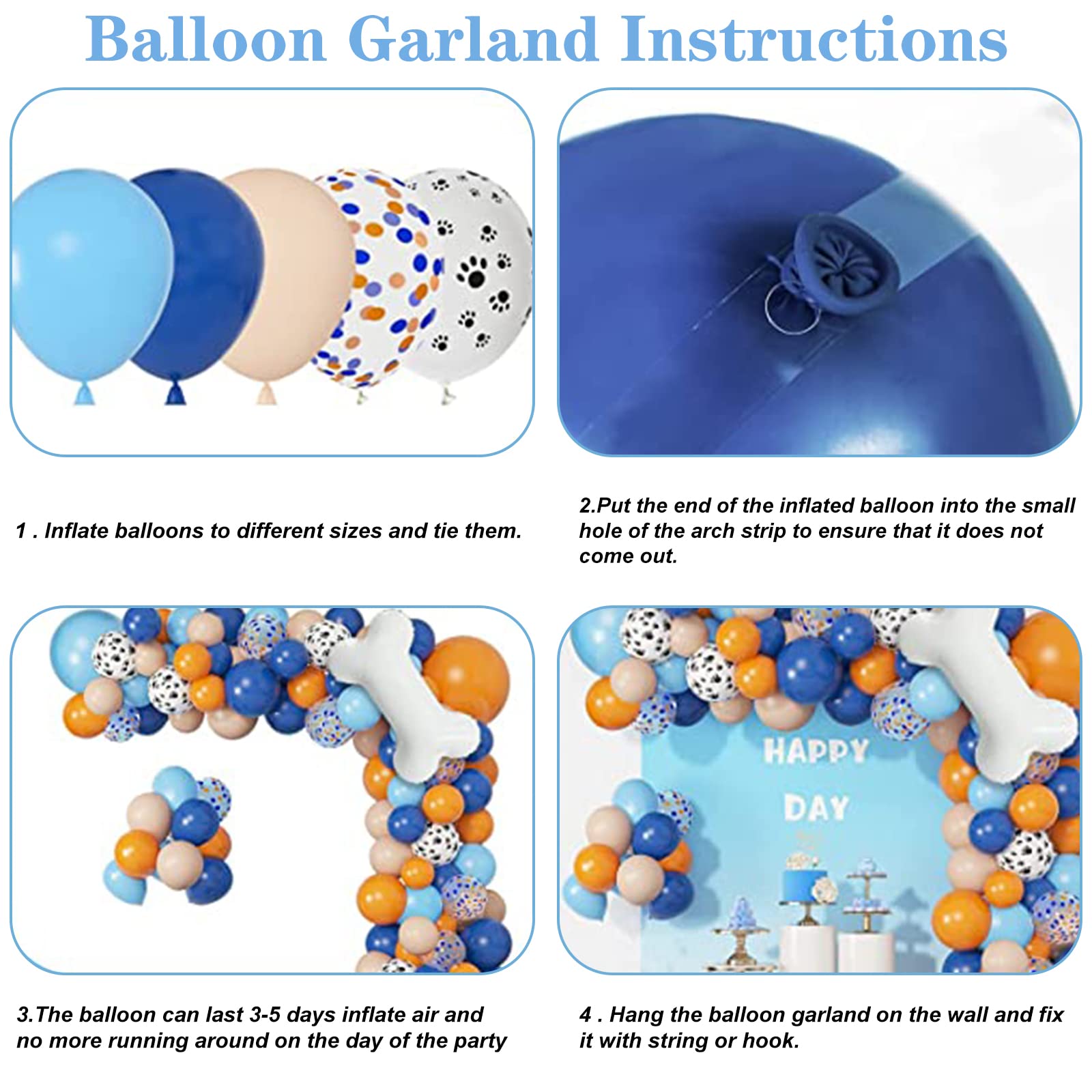 Whaline 124Pcs Blue Birthday Party Balloon Garland Arch Kit Blue Orange Dog Paw Bone Foil Balloons Fringe Curtains Party Decor for Boys Girls Baby Shower Blue Theme Birthday Party Decorations