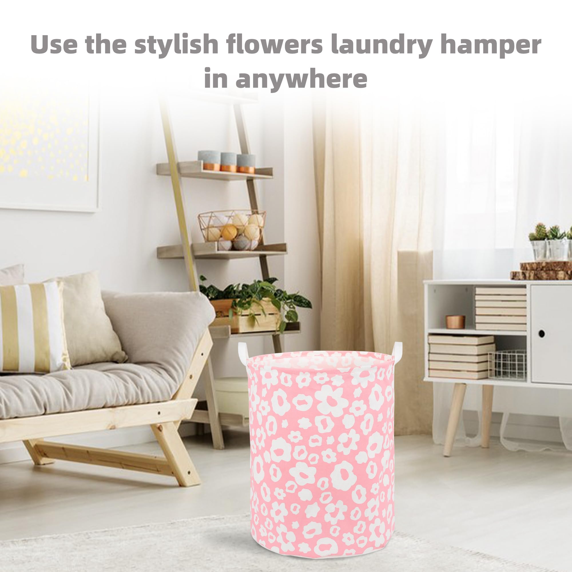 Foldable Baby Laundry Basket Hamper for Nursery Girl kids Clothes laundry hamper basket Portable Tall Collapsible Cute Laundry Basket Organizer, Nursery Storage Basket with Handles (Pink Flowers)