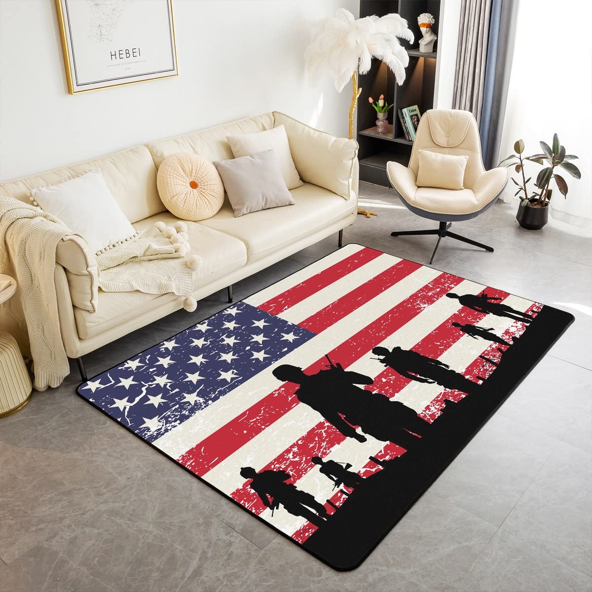 American Flag Area Rug 3x5 for Boys Kids Men Vintage White and Red Stars Stripes Rug,Soldier Silhouettes Carpet Exotic Retro USA National Flag Area Rugs for Living Room