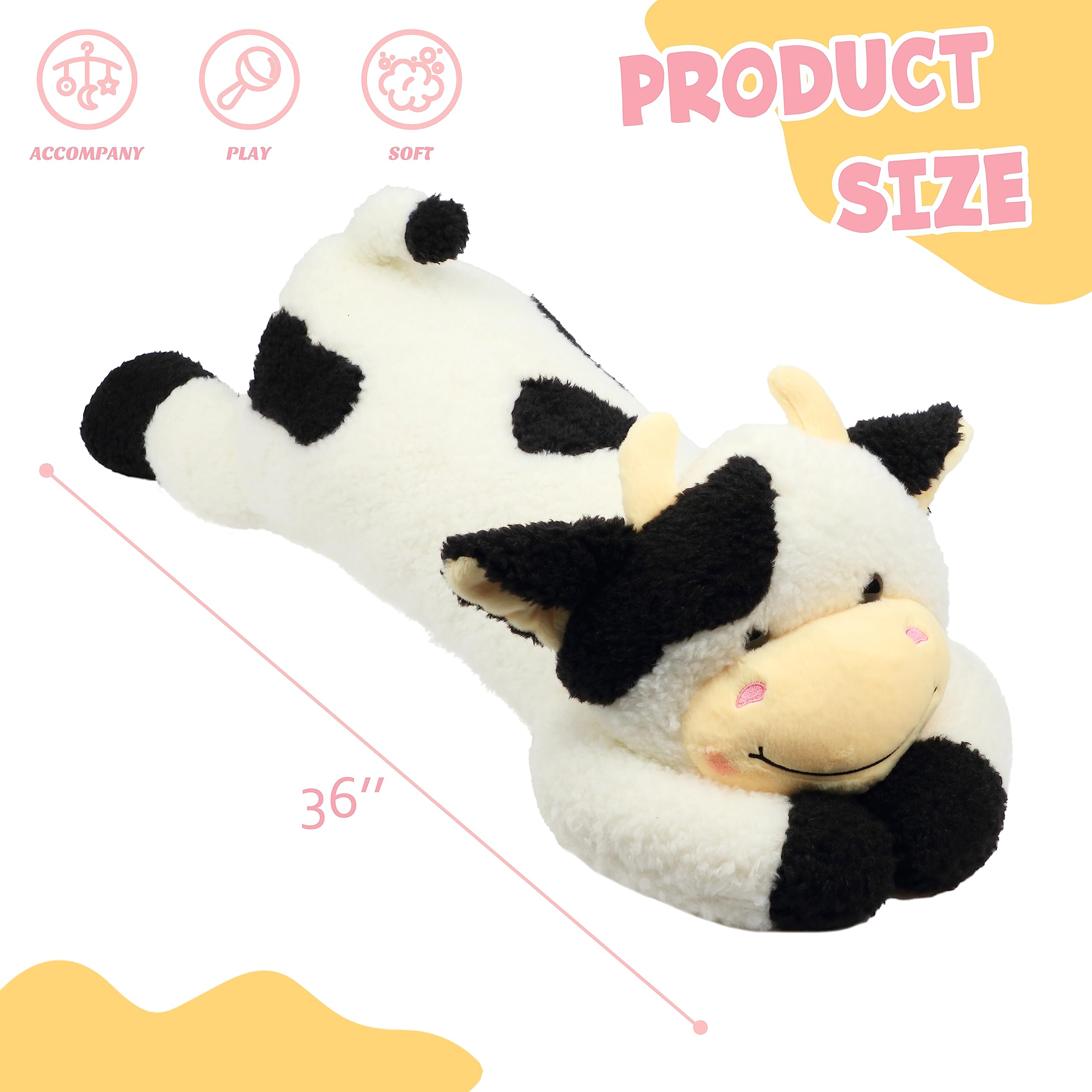 Easfan 36’’ Lying Cow Stuffed Animal Large Hugging Cow Plush Pillow Toy Soft Cute Cattle Doll Home Decoration Christmas Birthday Gifts for Kids Adults Boys Girls