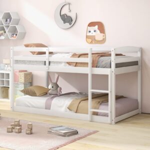 giantex twin low bunk bed, solid wood twin over twin bunk bed frame with full guardrails & integrated ladder, floor twin bunk beds for kids boys and girls, no box spring needed, white