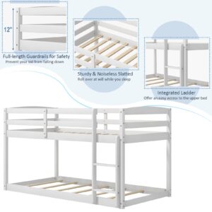 Giantex Twin Low Bunk Bed, Solid Wood Twin Over Twin Bunk Bed Frame with Full Guardrails & Integrated Ladder, Floor Twin Bunk Beds for Kids Boys and Girls, No Box Spring Needed, White