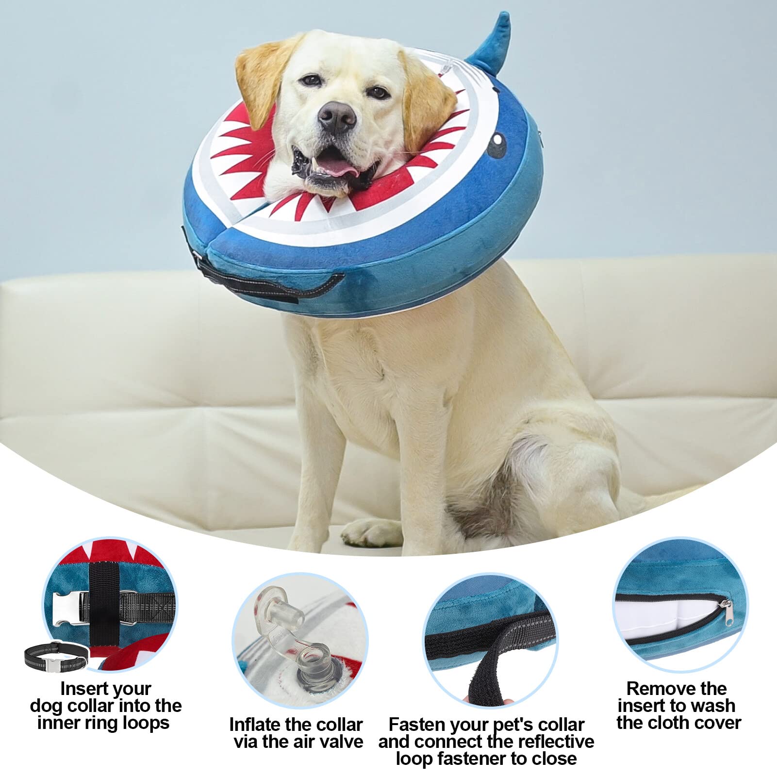 BEAUTYZOO Dog Cone Alternative After Surgery for Large Medium Small Dogs, Soft Inflatable Cone Collar for Dogs Cats, Dog Neck Donut E Collar Dog Recovery Collar to Stop Licking, Shark Blue, XL