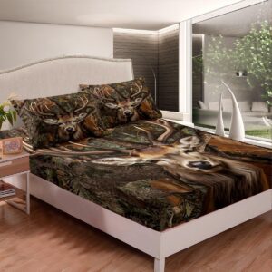 Camo Deer Kids Sheet Full Size,Dead Branches Wild Animals Hunting Bedding Set,Boys Girls Adults Room Decor,Rustic Farmhouse Camouflage Brown Retro Bed Sheet Set 4pcs(Fitted + Flat + 2 Pillowcases)