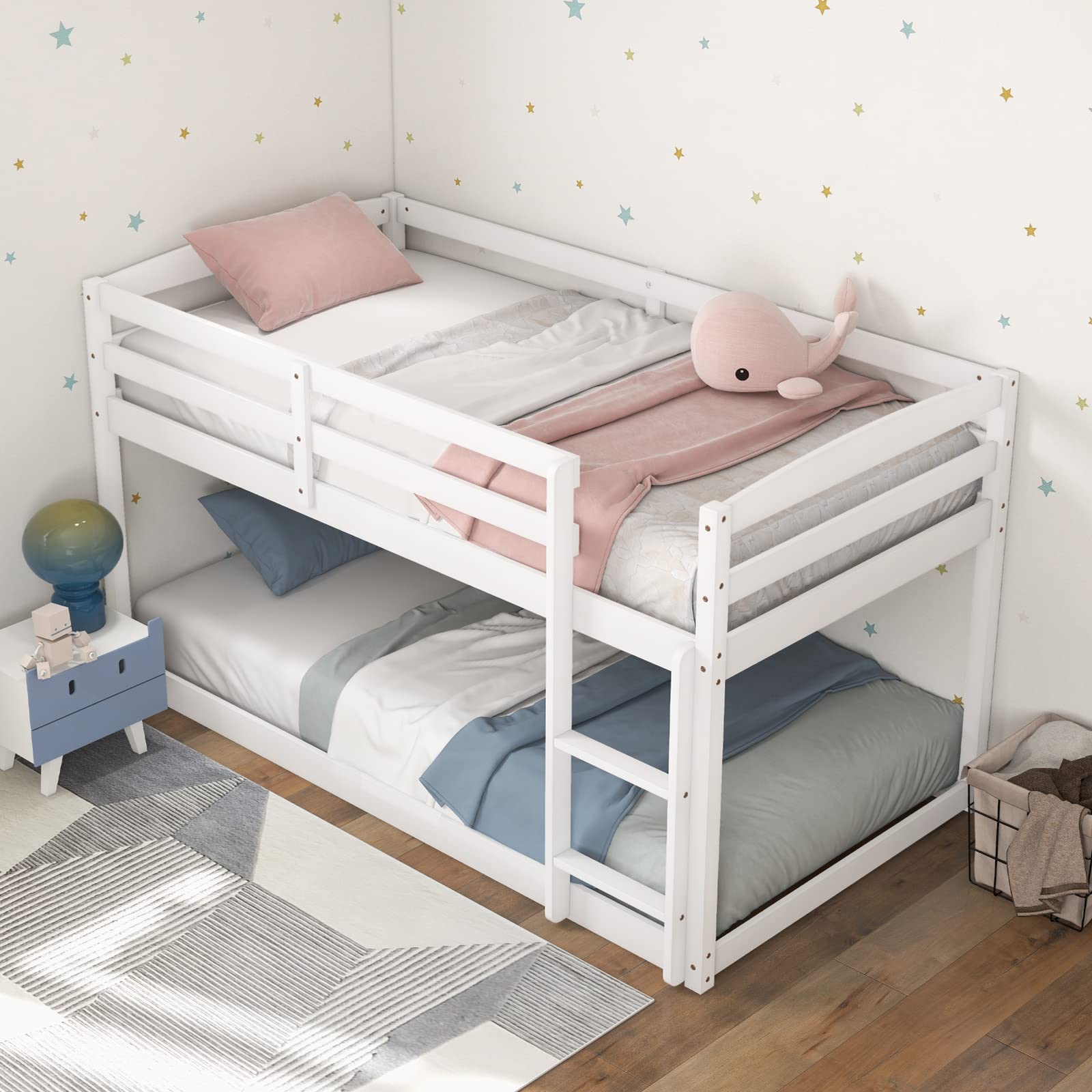 Giantex Twin Low Bunk Bed, Solid Wood Twin Over Twin Bunk Bed Frame with Full Guardrails & Integrated Ladder, Floor Twin Bunk Beds for Kids Boys and Girls, No Box Spring Needed, White