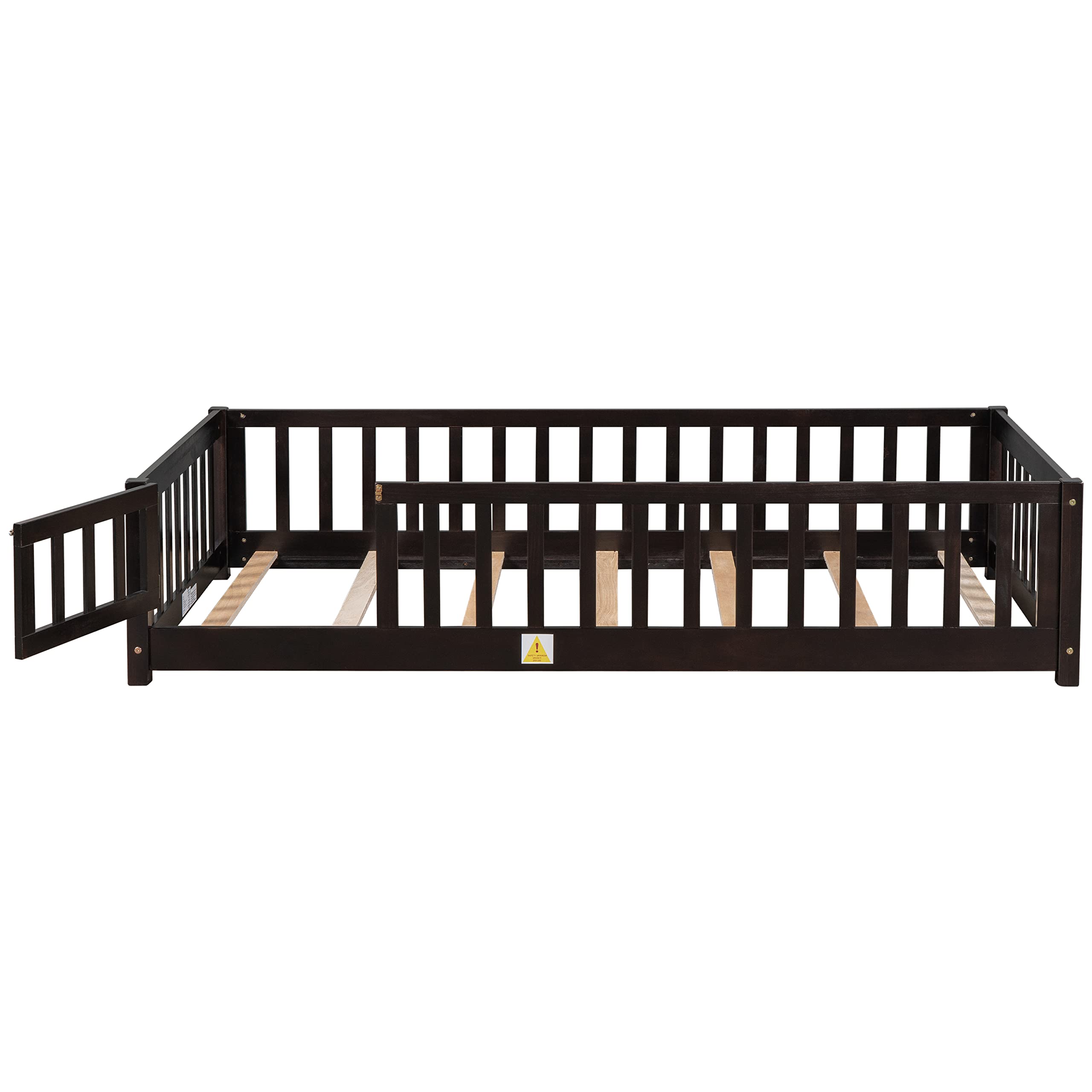 Bellemave Twin Size Wooden Floor Bed Frame with Fence Railings and Support Slats for Kids, Espresso