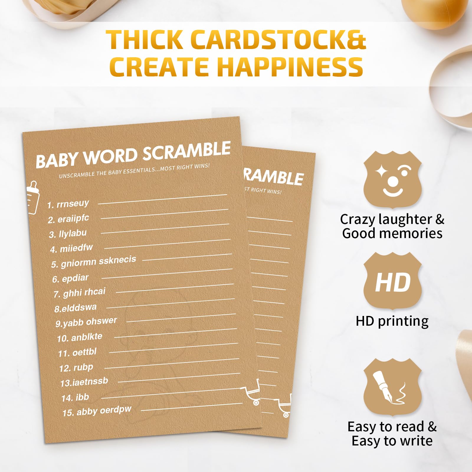 GAMSUNSTAR Baby Shower Games-Baby Shower Word Scramble Game,50 Cards for Each Game(with Answer),Thick Paper,Hilarious,Funniest Baby Shower Games Ever