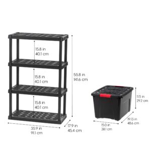 IRIS USA 4-Tier Shelving Unit, 36" W x 18" D x 56" H, 1 Pack, Black + IRIS USA 40 Qt. Plastic Storage Container Bin with Secure Lid and Latching Buckles, 4 Pack, Black, Bundle