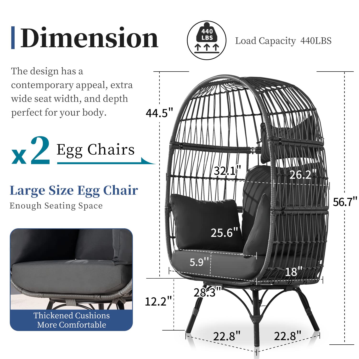 NICESOUL® 2Pcs Outdoor Wicker Furniture Set, PE Rattan Woven Lounge Stationary Egg Chairs with Legs, Boho Style Double Chair Loveseat Conversation Set of Two Inside Outside Indoor Patio Backyard Grey