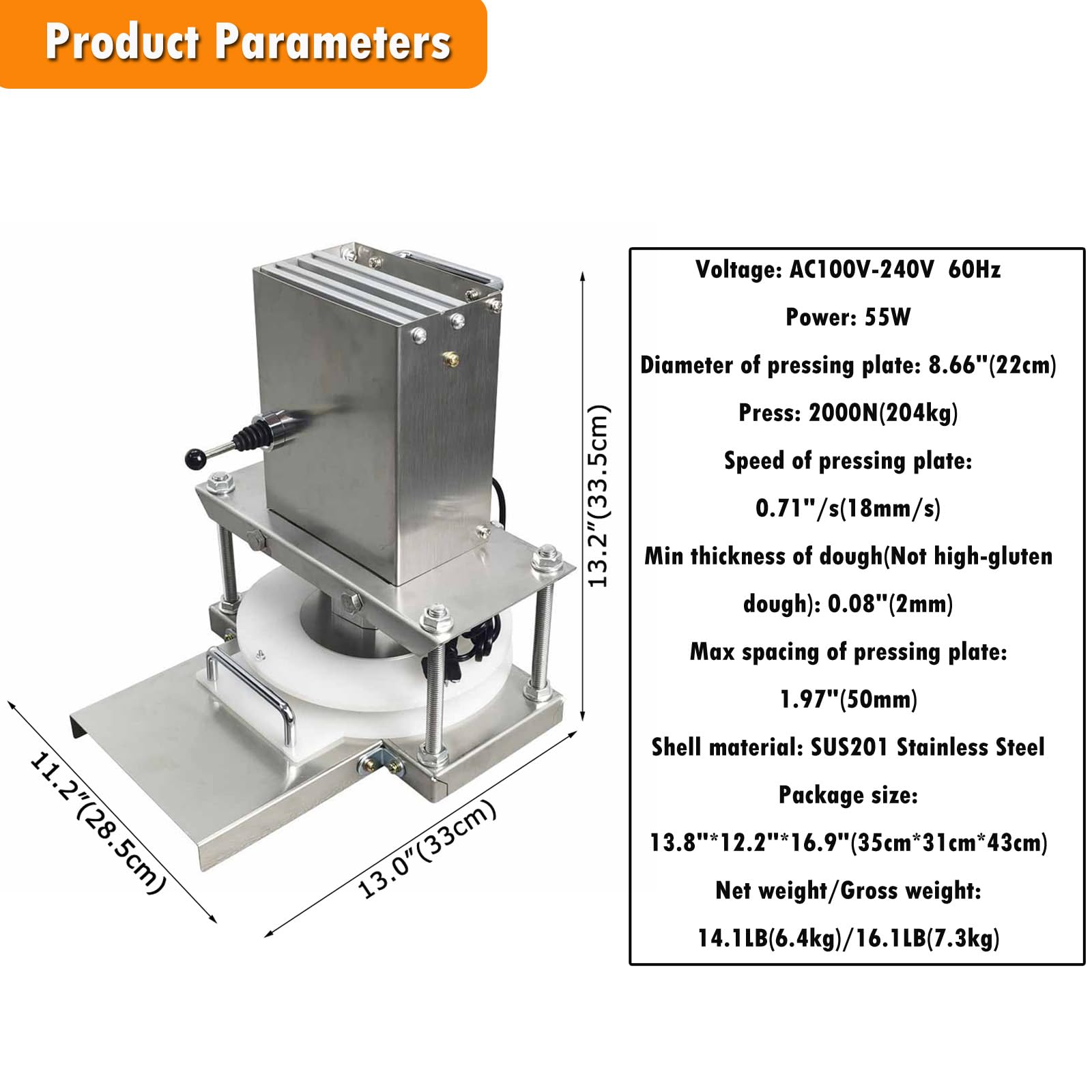 INTSUPERMAI Pizza Dough Press Machine Electric Pastry Machine 8.66" Diameter Commercial Pizza Dough Machine Tortilla Making Machine 120-240V