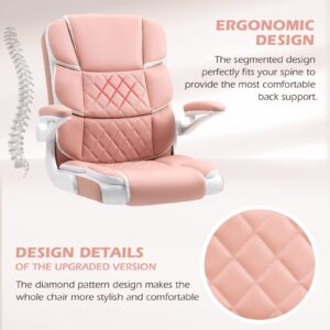 SEATZONE Ergonomic Office Chair Pink PU Leather Desk Chairs Computer Chair with Wheels and Flip-up Arms,Rolling Swivel Task Chair for Women,Girls