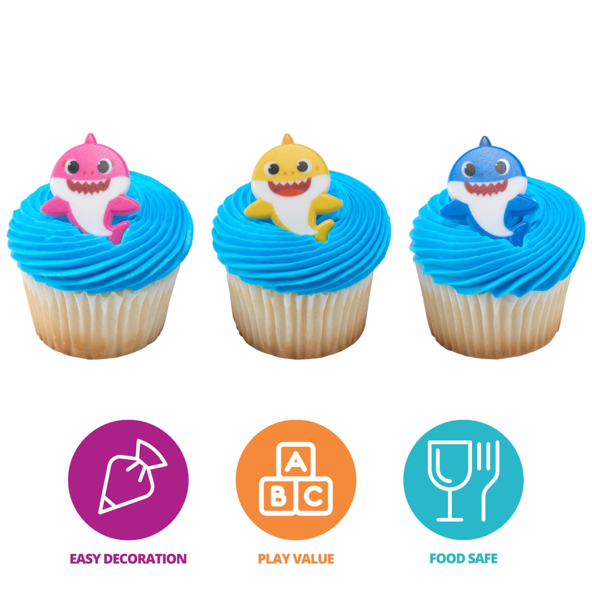 DecoPac Pinkfong Baby Shark 24 Cake Toppers - Blue, Pink, Yellow Cupcake Decorations for Birthday Celebrations