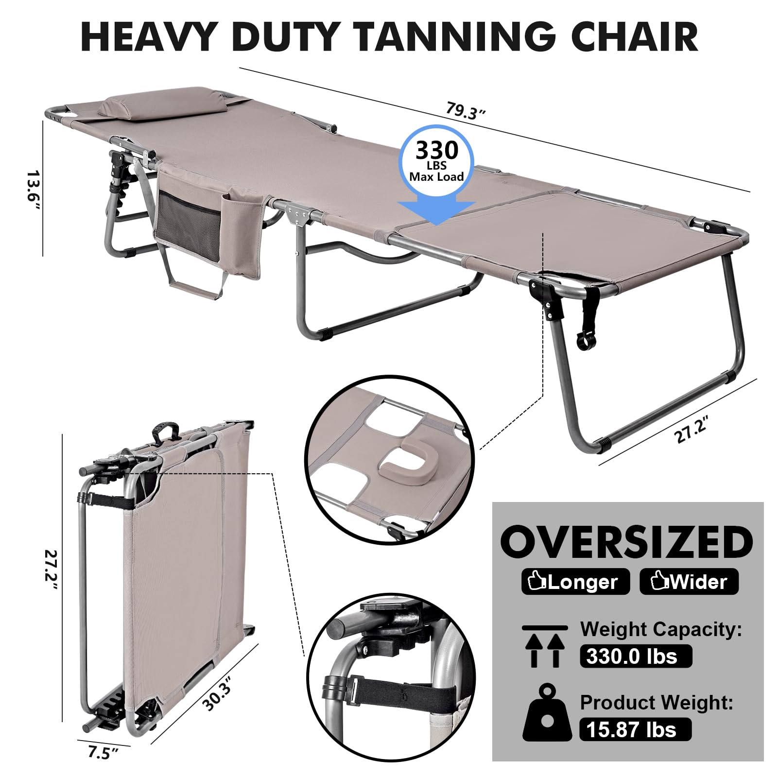 Minndudu Tanning Chair for Outside, Heavy Duty Oversized 330 LBS Lounge Chair with Face/Arm Hole, Wide Folding Layout Face Down Tanning Chair for Beach Poolside Patio Sunbathing Lawn Camping Sun, XL