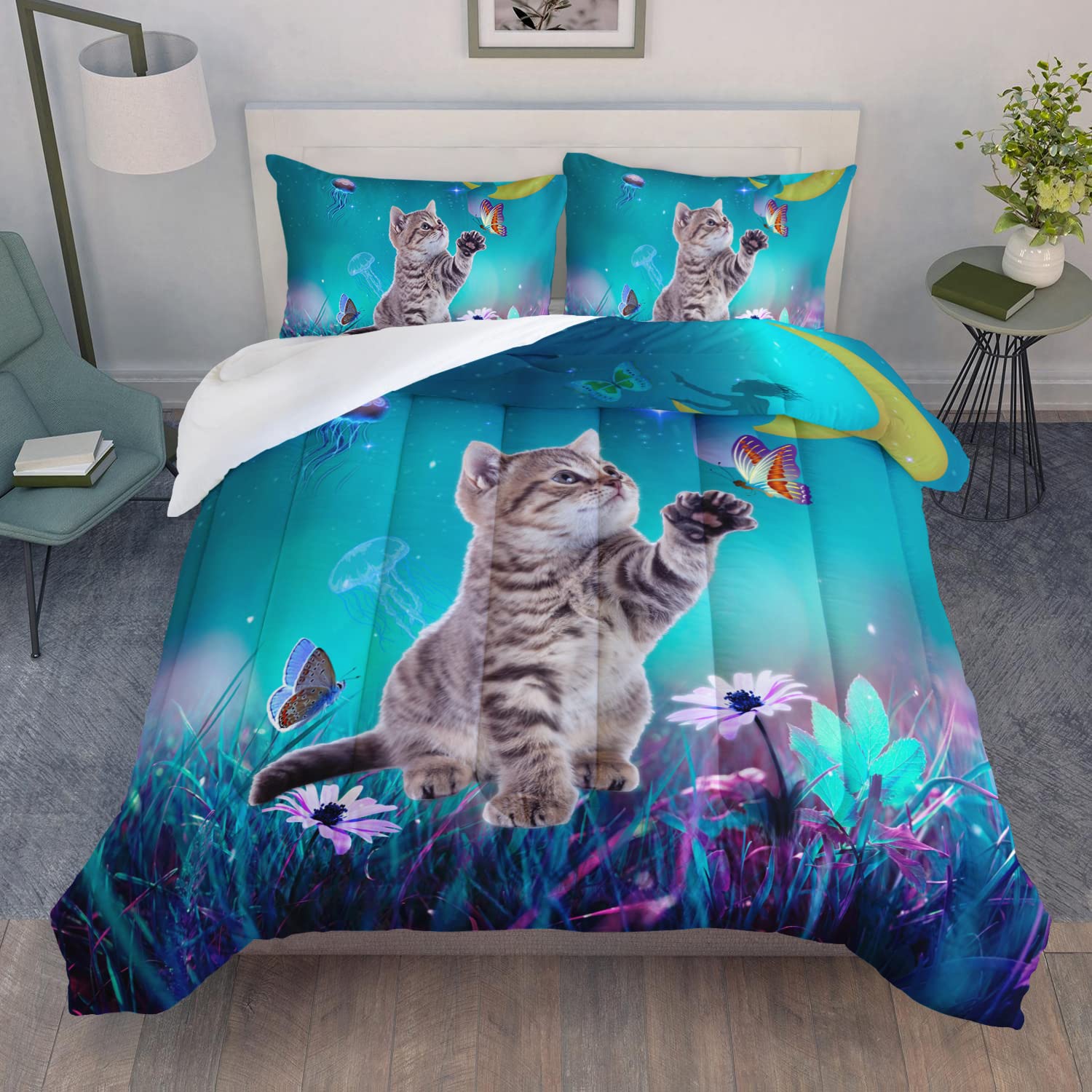 AILONEN Cat Bedding Set Queen Size with Girl Sitting on The Moon and Jellyfish Comforter Set for Kids Boys Girls,Dreamy Starry Soft Breathable Duvet Set 3 Pieces, 1 Quilt and 2 Pillowcases