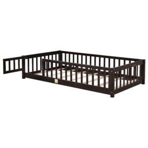 Bellemave Twin Size Wooden Floor Bed Frame with Fence Railings and Support Slats for Kids, Espresso