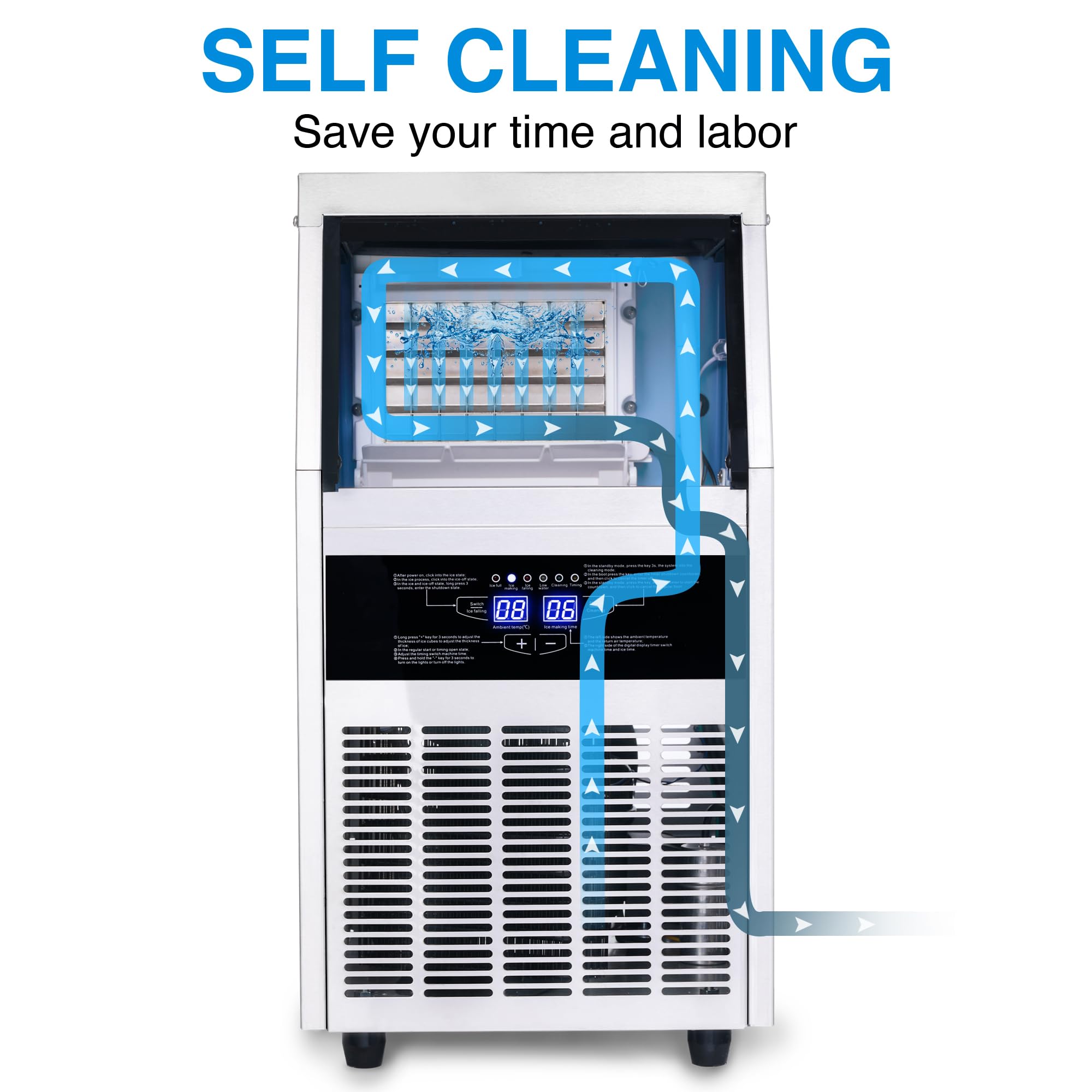 Zomagas Ice Maker, Commercial Ice Maker Machine 120-130LBS/24H with 28LBS Storage Bin, Freestanding/Under Counter Ice Machine for Home/Party/Bar/Restaurant,Include Water Filter, Scoop, Connection Hose