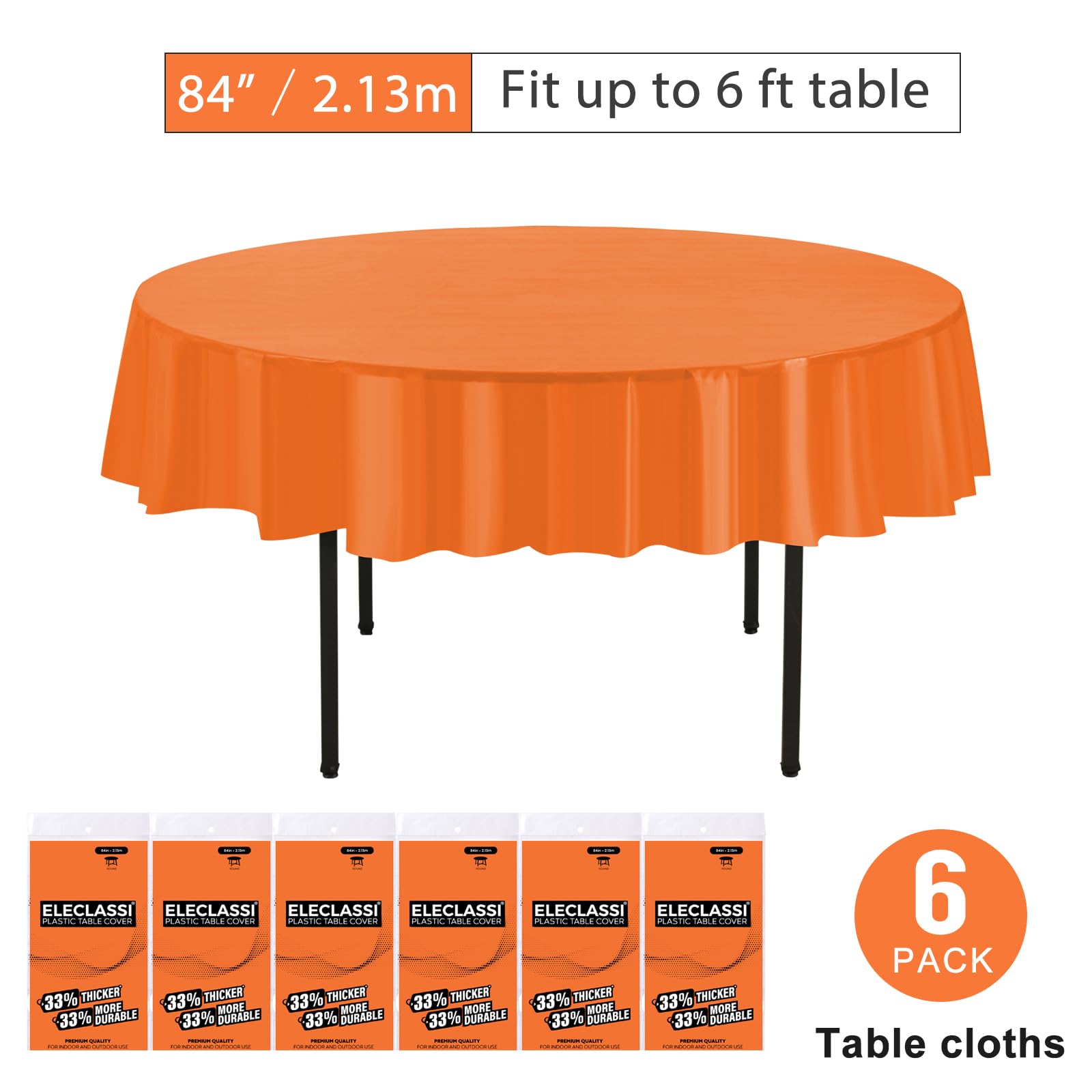 Eleclassi Orange 6 Pack Premium Round Disposable Plastic Tablecloth - 84 Inch Round Plastic Table Cloths for Parties Disposable Tablecloth - Round Plastic Tablecloth - Orange Round Tablecloth