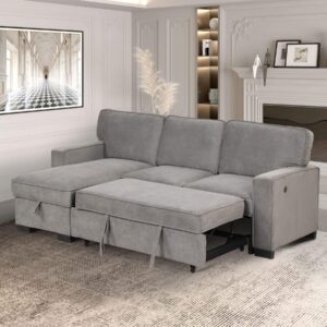 ebello convertible sleeper sofa 3 in 1, chenille modern l-shaped couches for living room, pull out sectional futon sofa bed with storage space, usb ports and cup holders for bedroom, grey