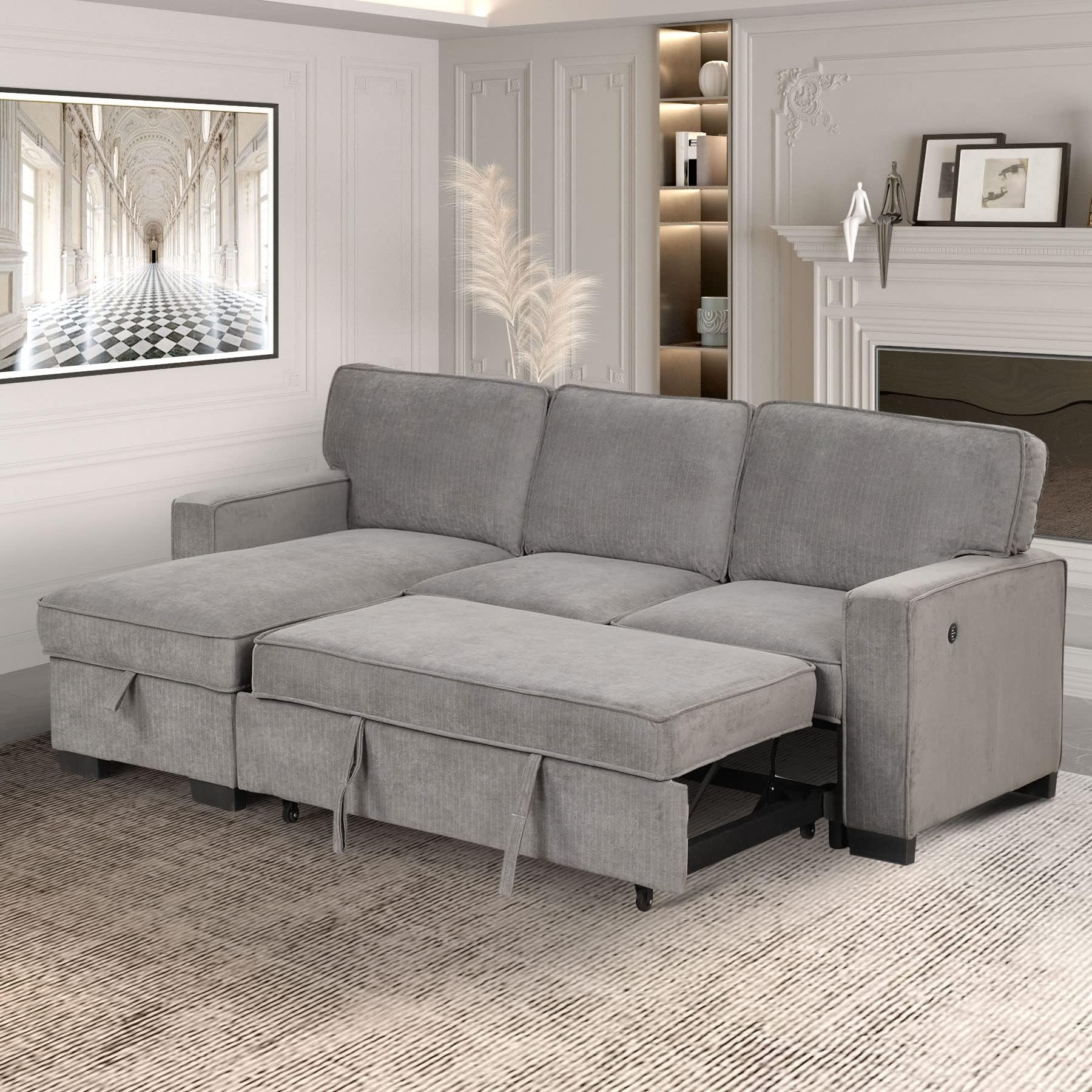 EBELLO Convertible Sleeper Sofa 3 in 1, Chenille Modern L-Shaped Couches for Living Room, Pull Out Sectional Futon Sofa Bed with Storage Space, USB Ports and Cup Holders for Bedroom, Grey