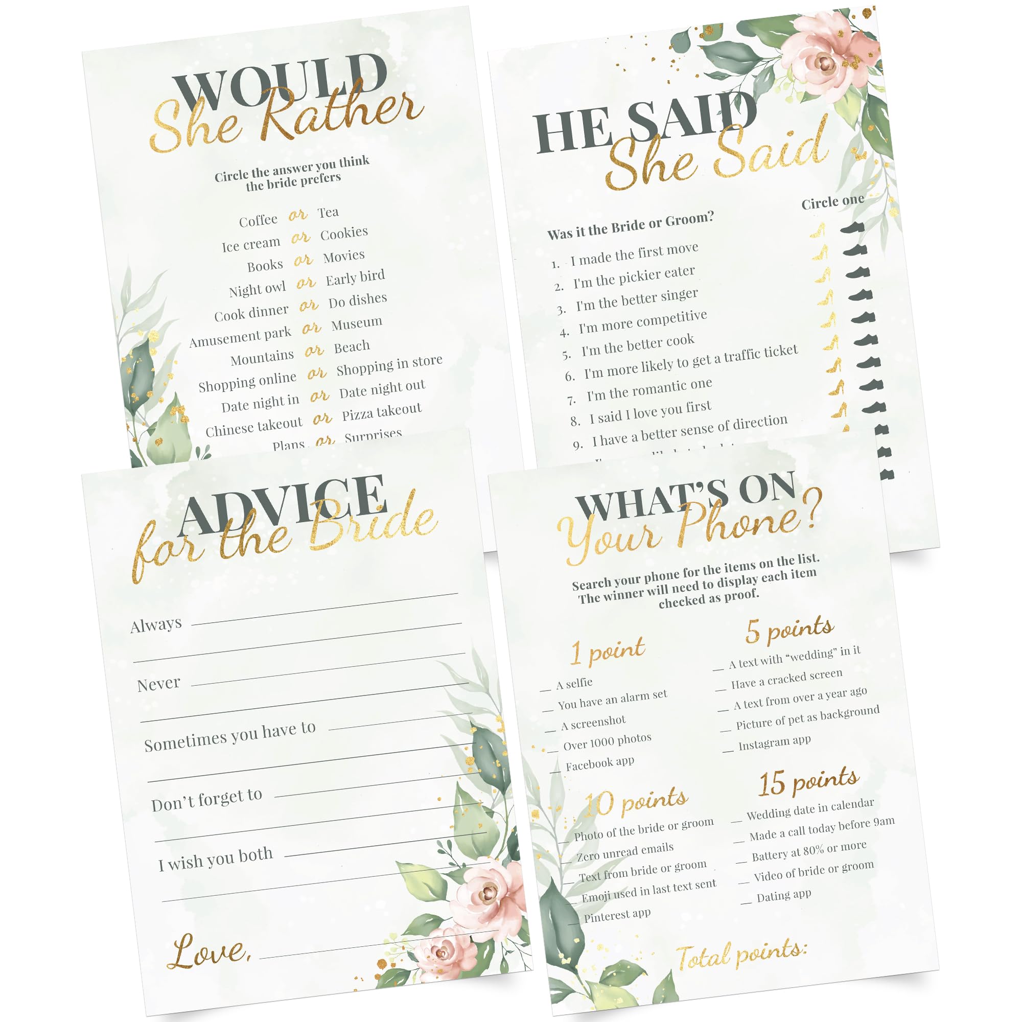 Bridal Shower Games + Advice Cards - For 30 Guests - 4 Activities on Double Sided Cards Includes 3 Games + 1 Advice Card - Greenery Floral Wedding Shower Games With Gold Metallic Details. Set of 4