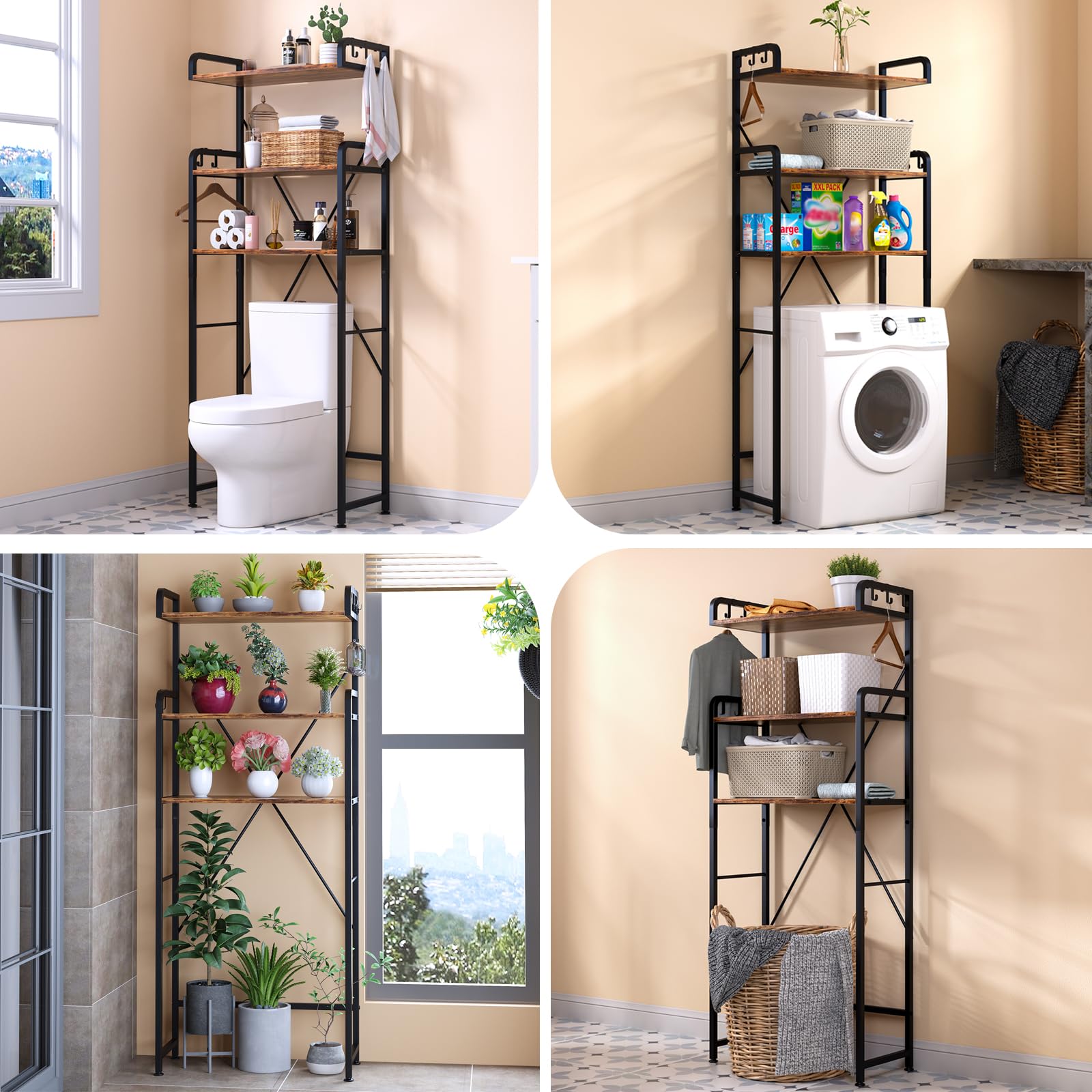 Huhote Over The Toilet Storage Rack with 3-Tier Bathroom Shelves, Space Saver Toilet Shelf, Bathroom Storage Organizer with Hooks for Over Toilet Storage and Bathroom Shelf (Rustic Brown)