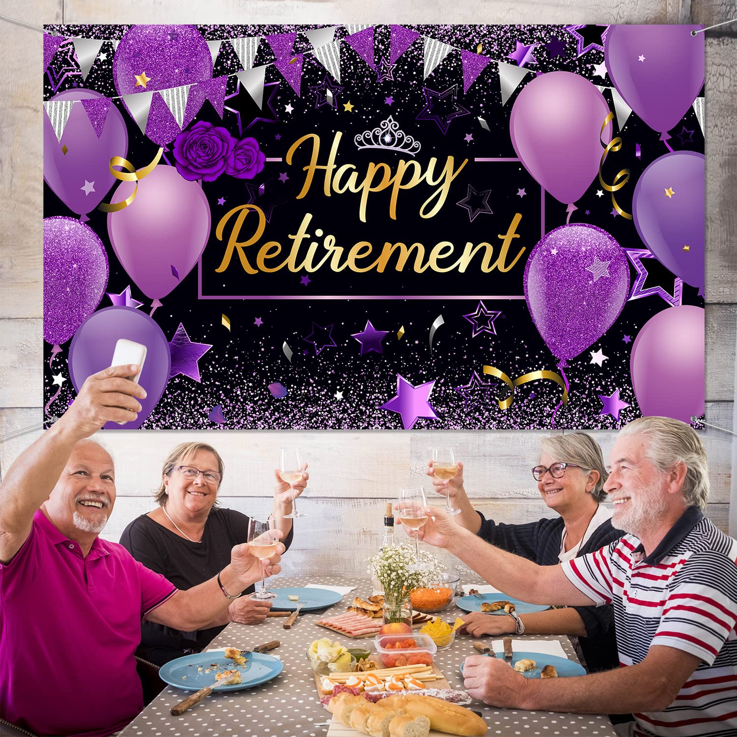 Blulu Retirement Party Decorations, Extra Large Fabric Retirement Sign Banner Photo Booth Backdrop Background with Rope for Retirement Party Favor(72.8 x 43.3 Inches,Purple and Black)