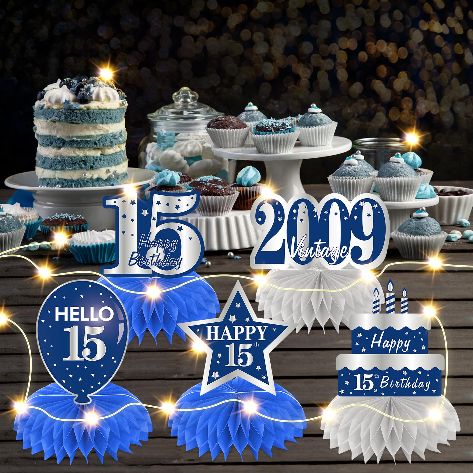 Bumqviy 9Pcs Happy 15th Birthday Honeycomb Centerpieces Decorations with String Lights for Boy, Blue Silver Made in 2009 Table Centerpieces Party Supplies, Fifteen Year Old Birthday Table Toppers Sign