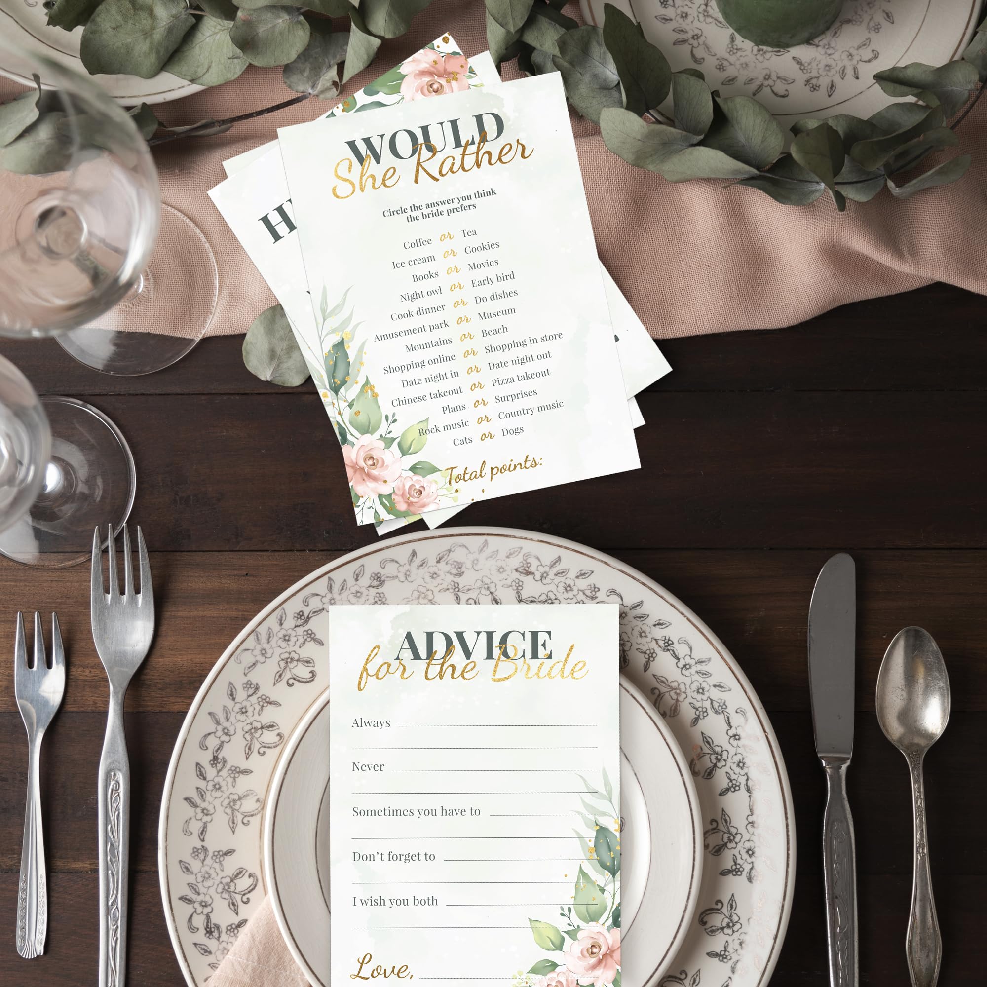 Bridal Shower Games + Advice Cards - For 30 Guests - 4 Activities on Double Sided Cards Includes 3 Games + 1 Advice Card - Greenery Floral Wedding Shower Games With Gold Metallic Details. Set of 4