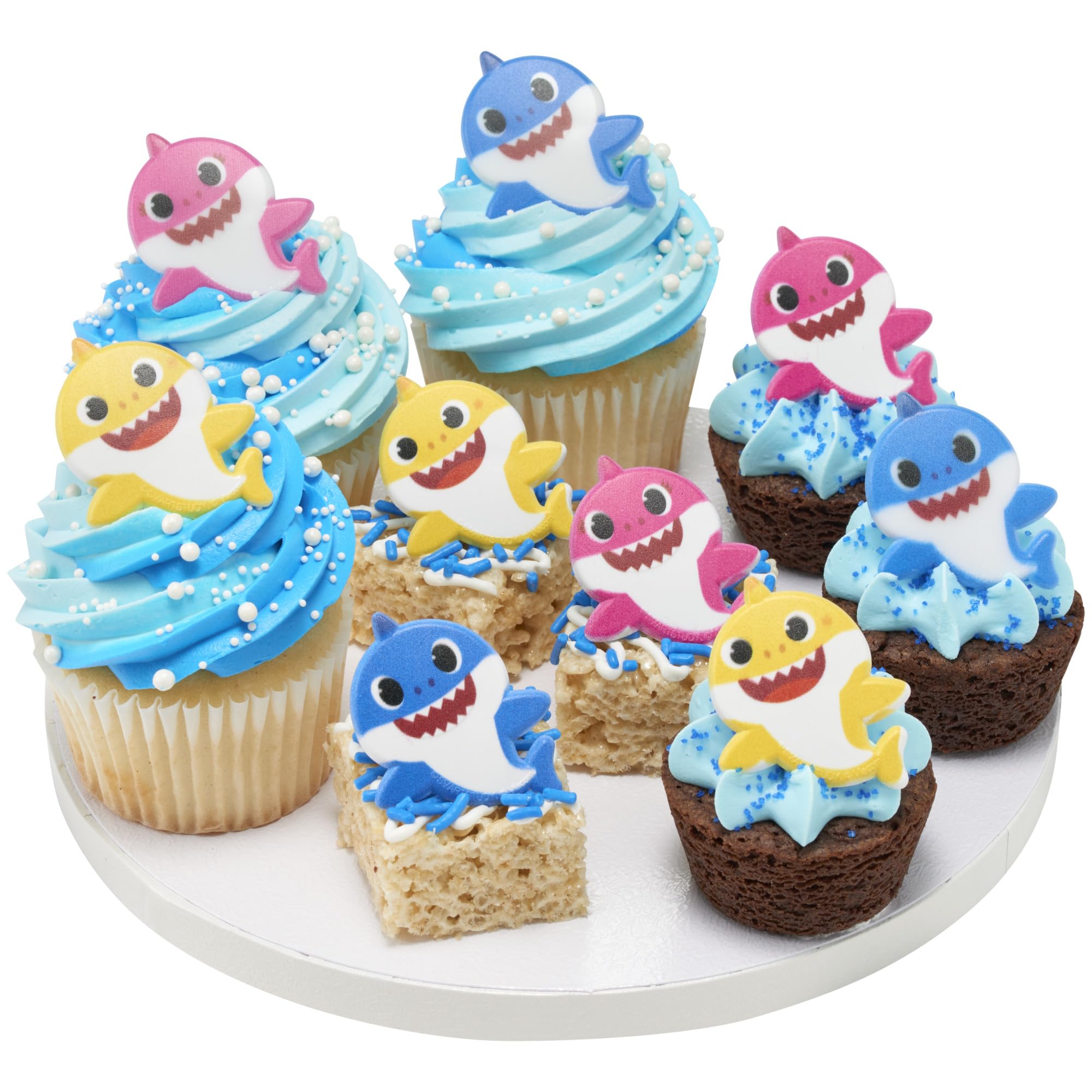 DecoPac Pinkfong Baby Shark 24 Cake Toppers - Blue, Pink, Yellow Cupcake Decorations for Birthday Celebrations